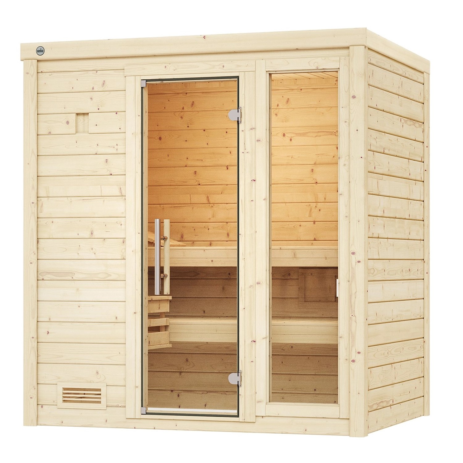 Weka Massivholzsauna Bergen mit Glastür und Fenster, Fichtenholz natur, 7,5 kW Sparset.