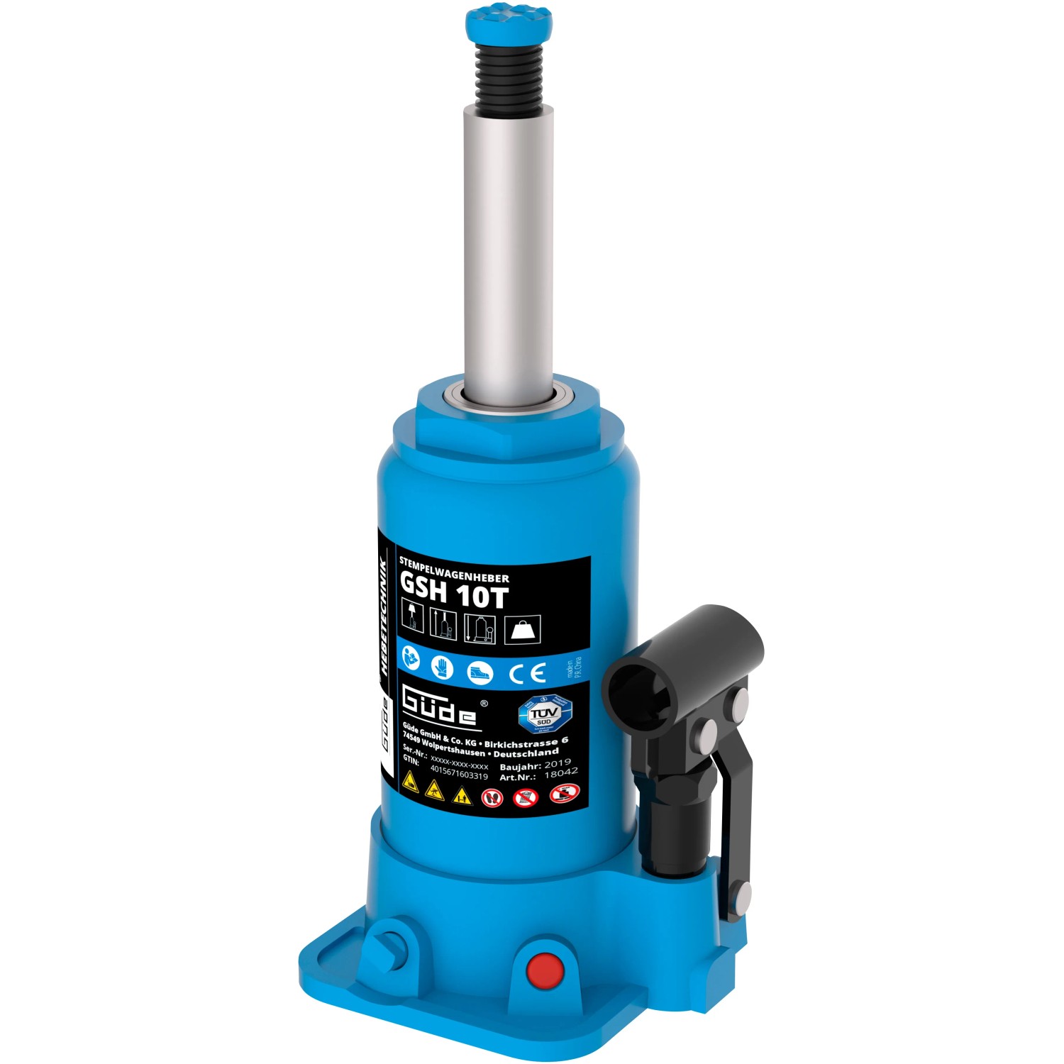 Blauer Güde Stempelwagenheber GSH 10T mit Stahlzylinder und Hebel für Werkstatt & Garage.