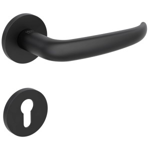 Schwarze Rosettengarnitur Saturn PZ für Innentüren. Moderner Türdrücker mit runder Rosette und passendem Schlüsselloch.