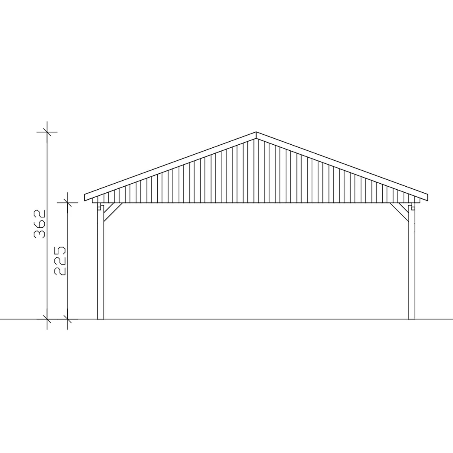 Technische Zeichnung: Skan Holz Carport Fichtelberg, Maße und Details zur Dachlattung und Pfosten.