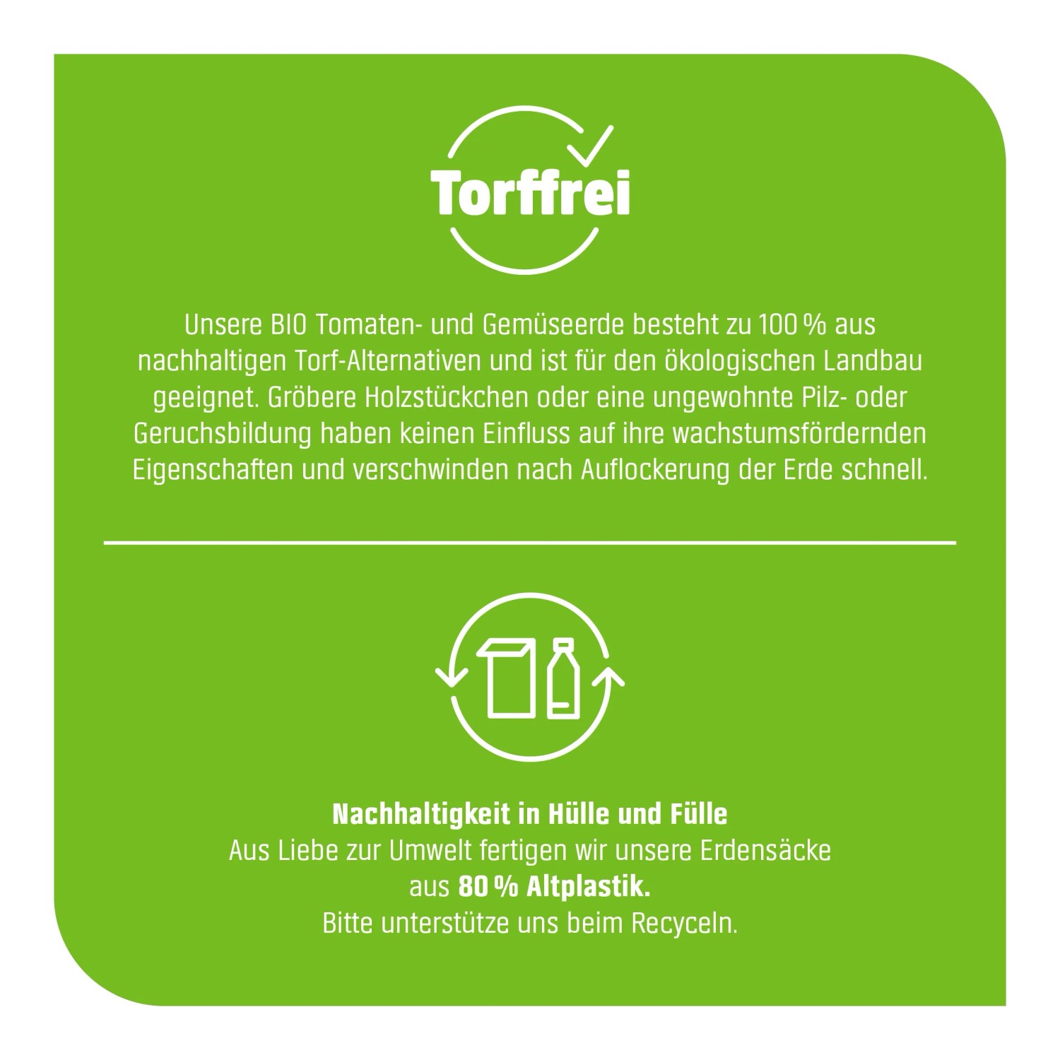 Infografik: GROW by OBI BIO Tomaten- und Gemüseerde torffrei, Hinweise zu Torffreiheit und Recycling.