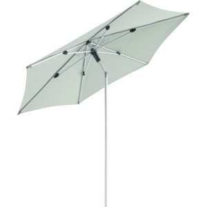 Cyanfarbener Marktschirm Alsea, Ø 263 cm, mit Push-Up Mechanik, von unten fotografiert.
