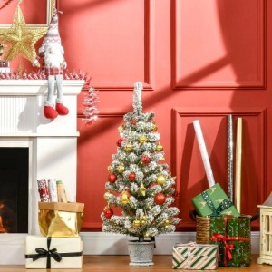 HOMCOM Weihnachtsbaum 90 cm, künstlich, beschneit, mit warmweißen LED-Lichtern und roten/goldenen Kugeln.