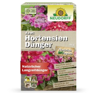 Neudorff Azet Hortensien-Dünger 1 kg. Packung mit pinken Hortensien, für farbenfrohe Blüten und starke Pflanzen.
