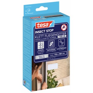 Verpackung des tesa Insect Stop Klett Fliegengitters Premium für Fenster, weiß.