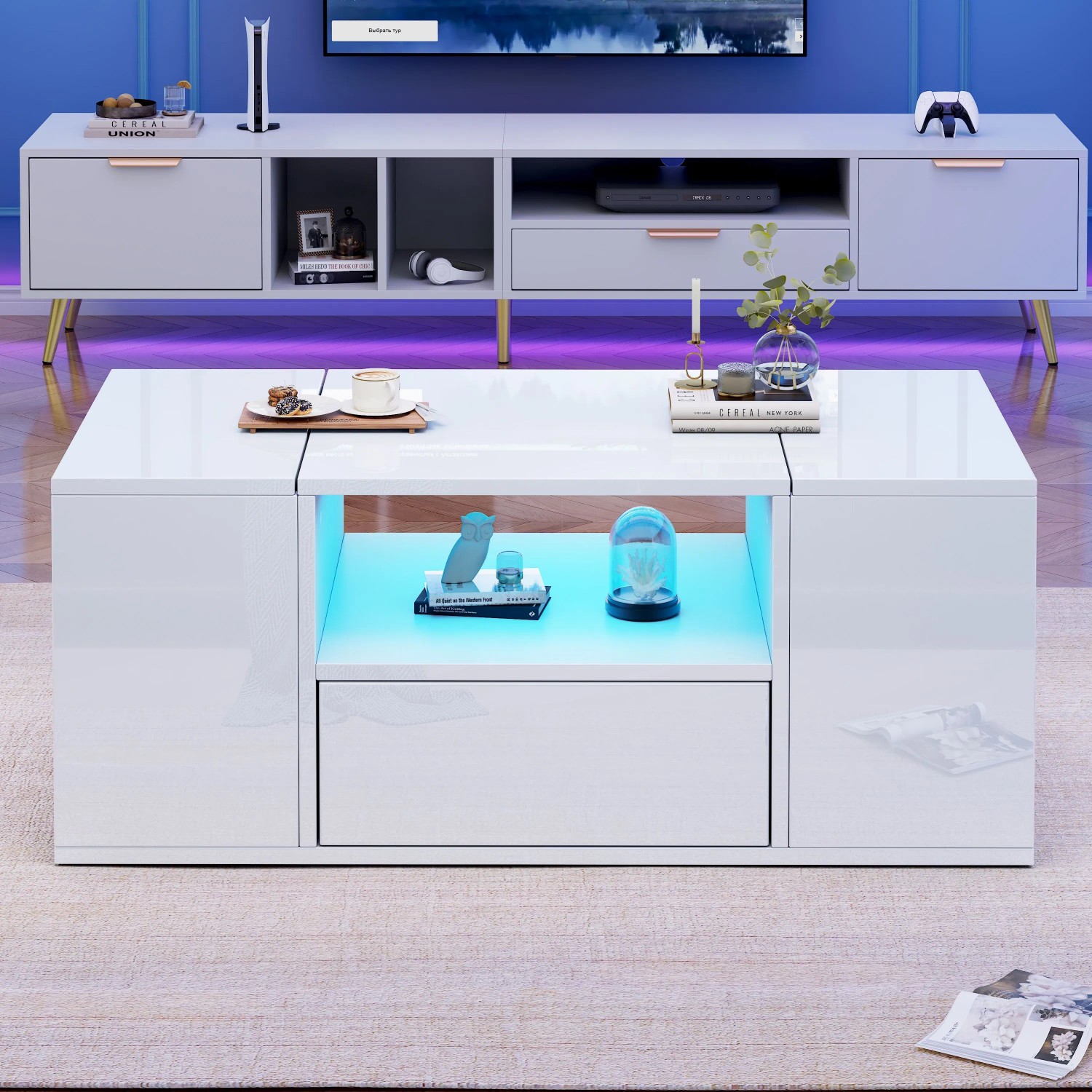 okwish Couchtisch mit LED Beleuchtung Schublade Stauraum Wohnzimmer 100x50x40cm Weiß_4