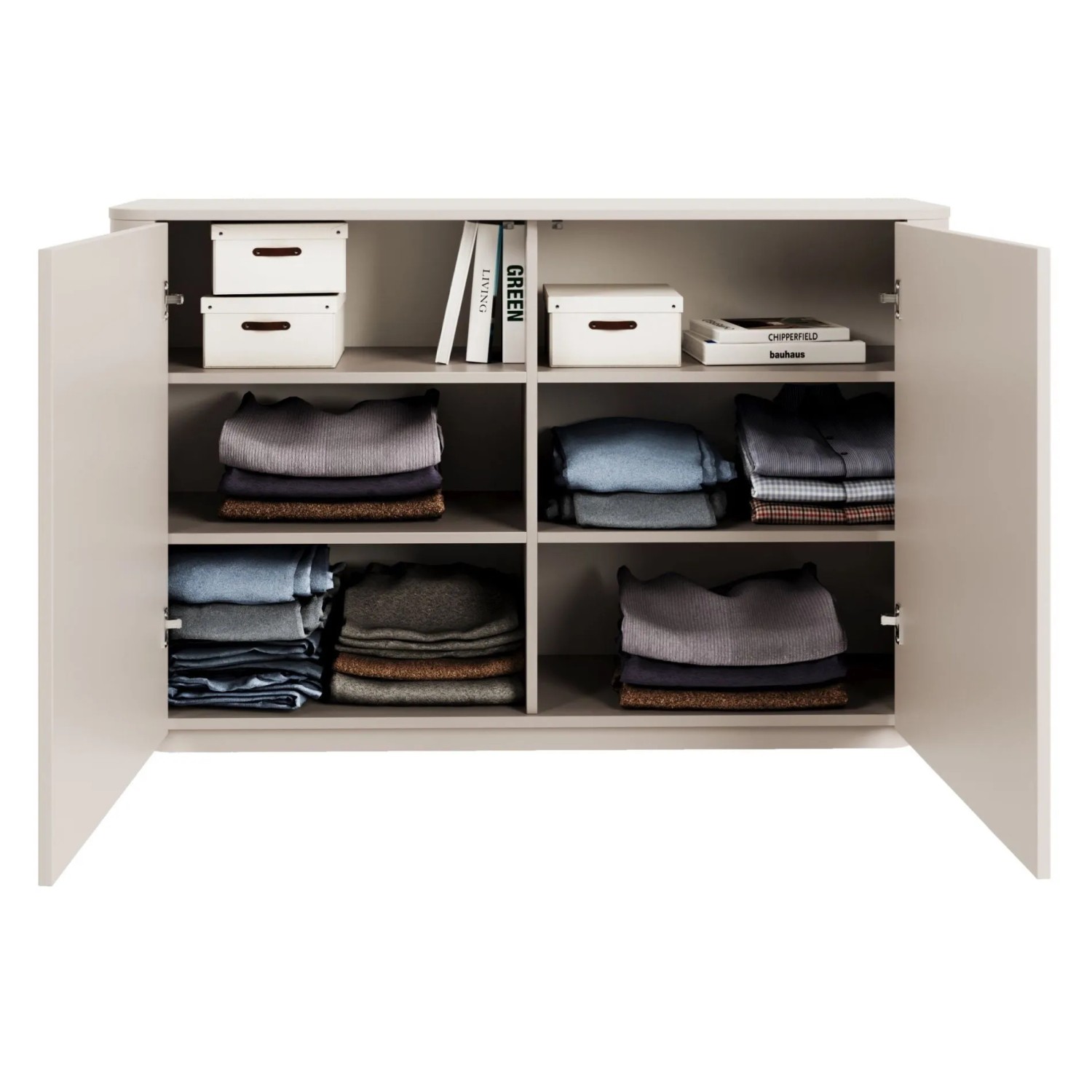 Offenes Selsey Luvio Sideboard Kaschmir, zweitürig, zeigt Innenfächer mit gefalteter Kleidung und Boxen.