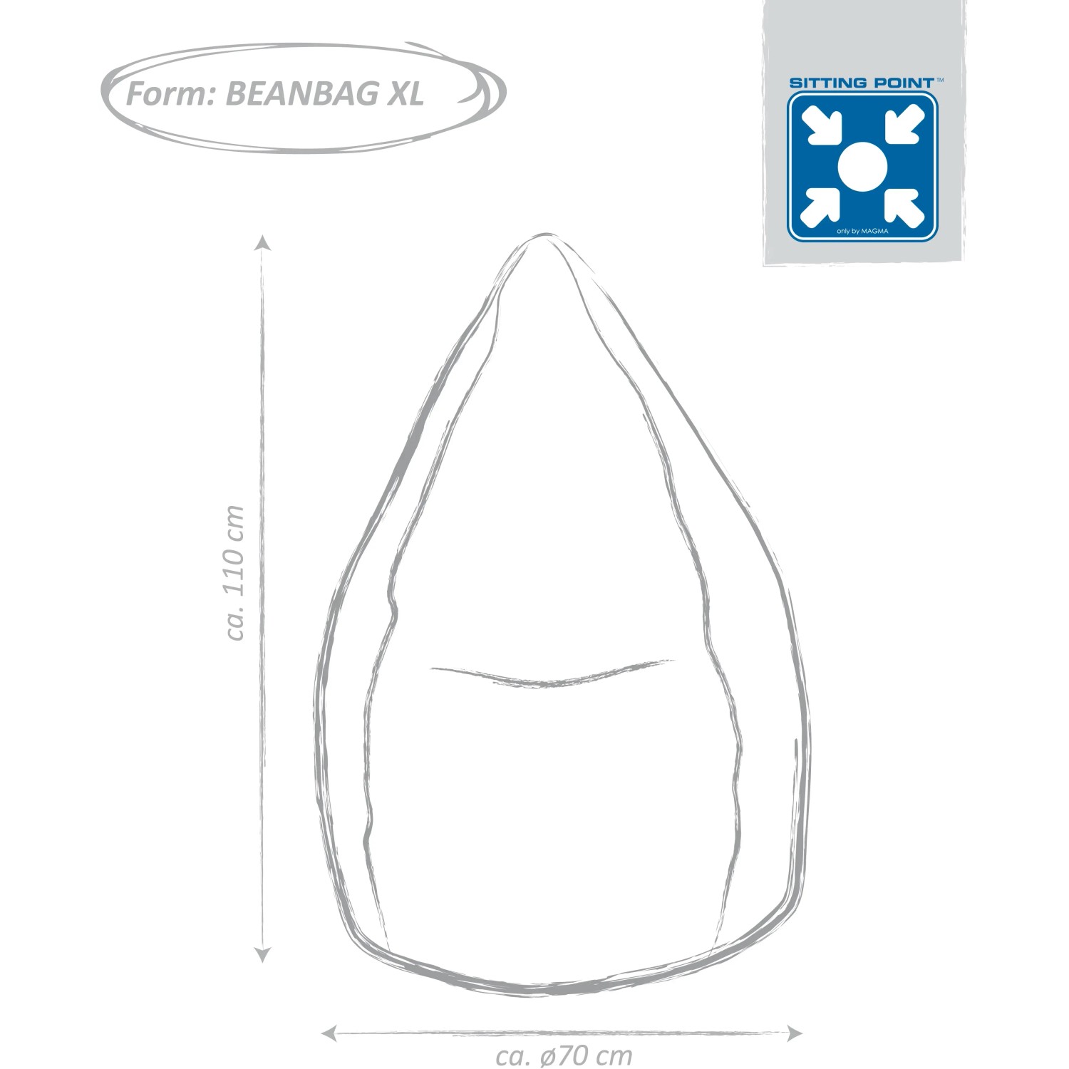 Skizze Sitzsack BeanBag Fluffy, 110x70 cm, weiß mit Herz-Muster.