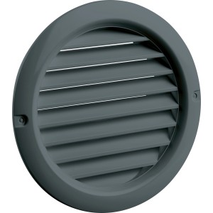 Dunkelgrauer Mauerlüfter mit Fliegennetz, Kunststoff, runde Form.