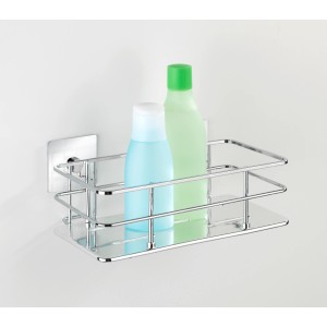 Wenko Wandablage Quadro aus Edelstahl mit zwei Flaschen, befestigt mit Turbo-Loc Klebepad.