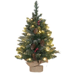 Kleiner HOMCOM künstlicher Weihnachtsbaum, 0,6m, mit Tannenzapfen, roten Beeren und warmweißen Lichtern. Basis in Jute.