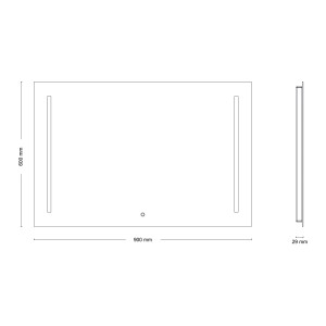 Skizze des LED-Lichtspiegels Sirius III (90x60 cm) mit Maßangaben.
