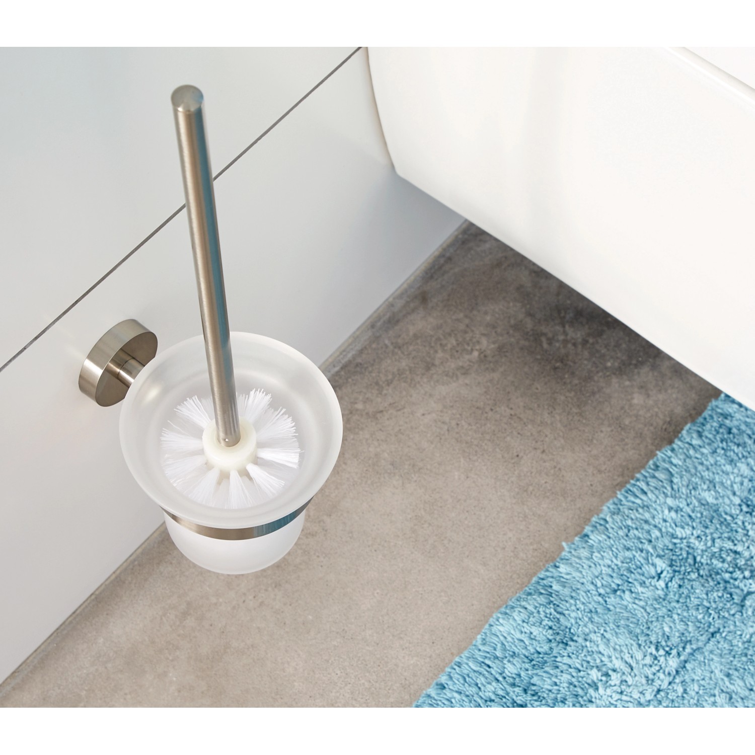 Tesa WC-Bürstengarnitur Moon in Edelstahloptik mit Glasbehälter, wandmontiert.