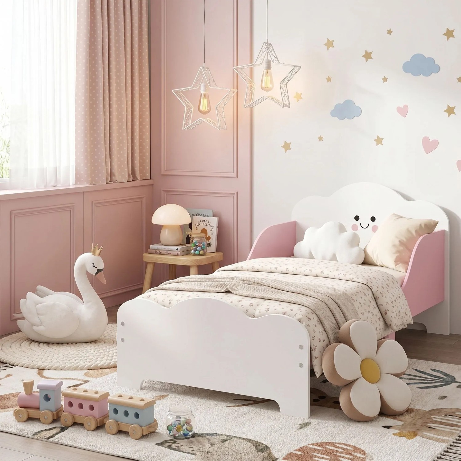 Rosa-weißes AIYAPLAY Kinderbett aus MDF mit lächelndem Wolken-Kopfteil und Schutzleisten im Kinderzimmer.