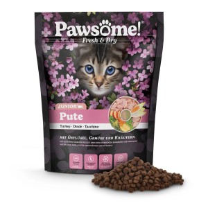 Pawsome Katzen-Trockenfutter Junior Pute, 750g Packung mit Futterpellets.