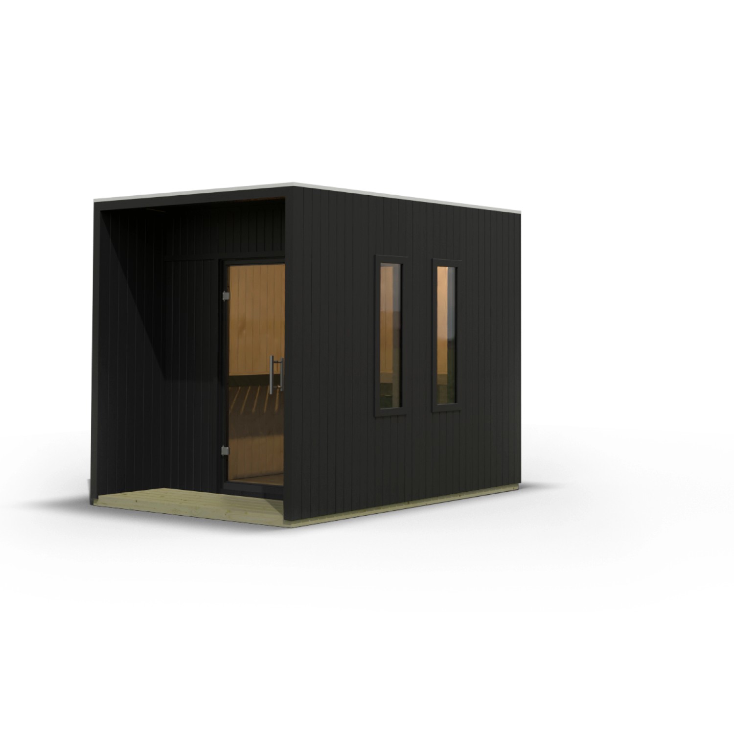 Schwarzes Karibu Saunahaus Rapallo mit Glastür und zwei Fenstern.