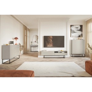 Selsey Veldio Schminktisch, greige, mit geriffelter Front, zwei Schubladen und schwarzen Beinen.