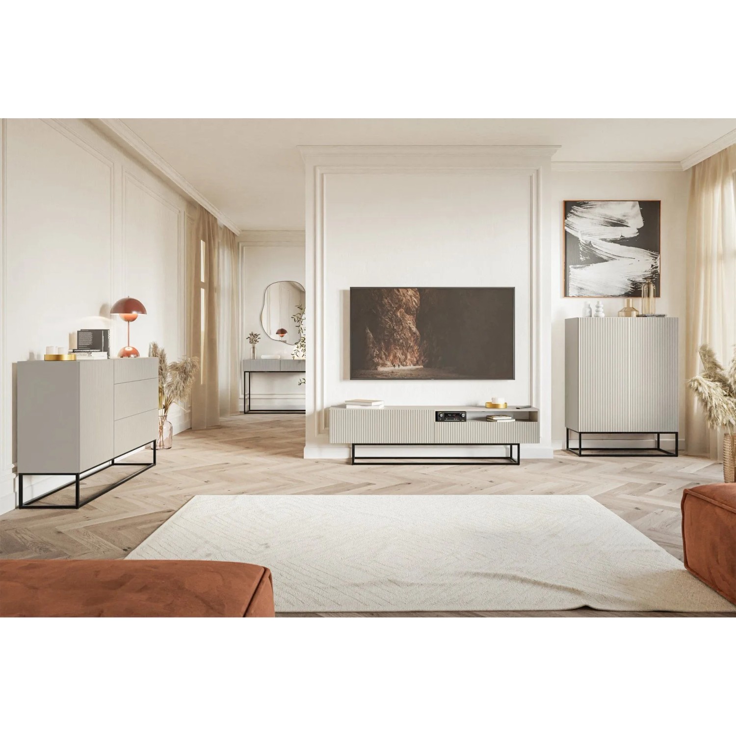 Selsey Veldio Schminktisch, greige, mit geriffelter Front, zwei Schubladen und schwarzen Beinen.