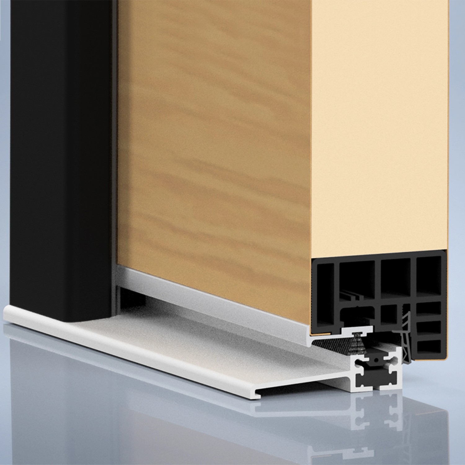 Detailansicht Splendoor Haustür ThermoSpace Milano Prime Woodeffect, Eiche Dekor und Aluminium Bodenschwelle.