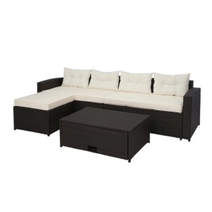 Braune Poly-Rattan Gartenmöbel-Garnitur mit creme-beigen Kissen, 4-teilig.