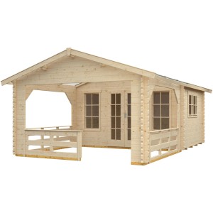 Skan Holz Gartenhaus Holmestrand, naturbelassen, mit überdachter Veranda und Doppeltür.