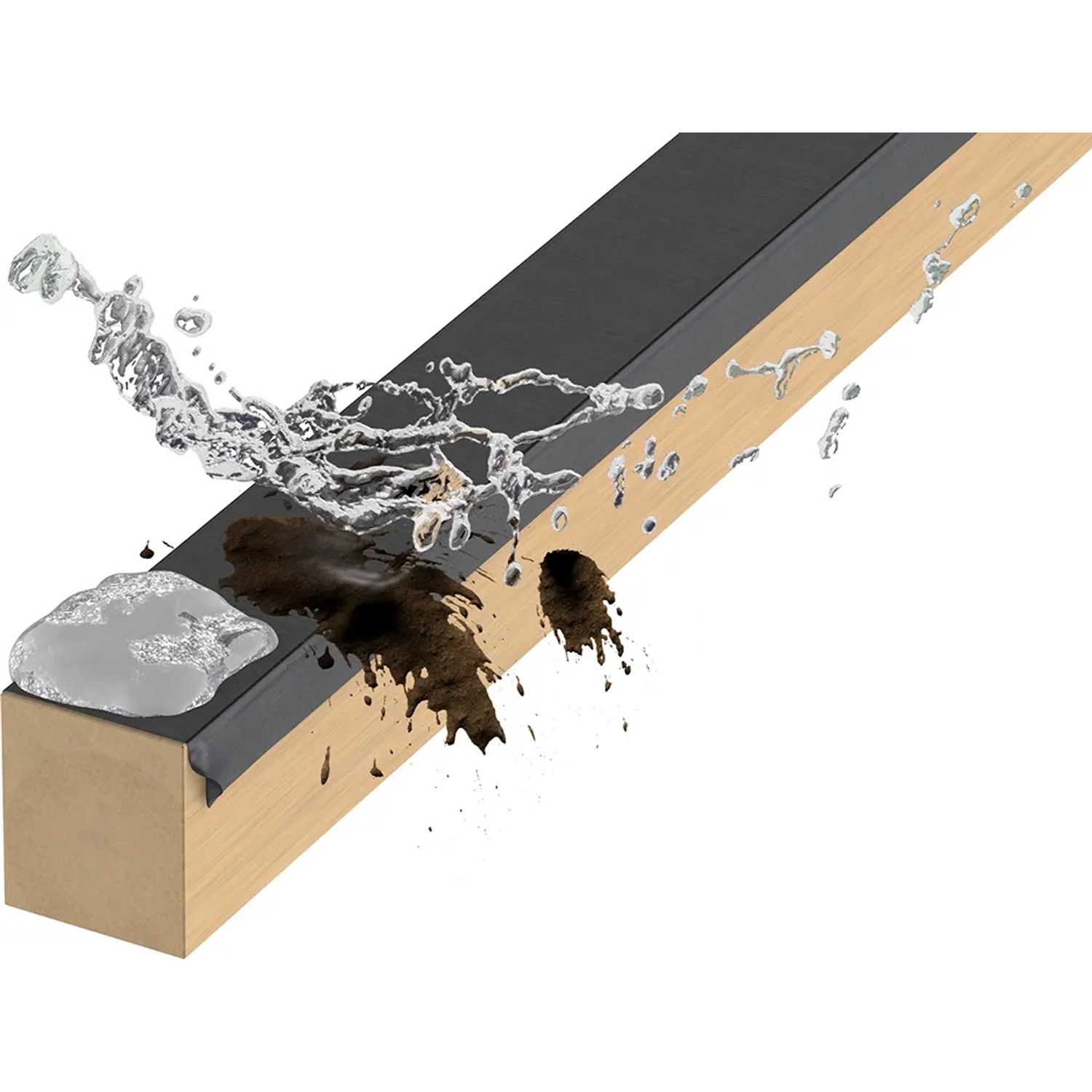 GS Terrassen Holzschutz Tape auf Holzbalken mit Wasser und Schmutz.