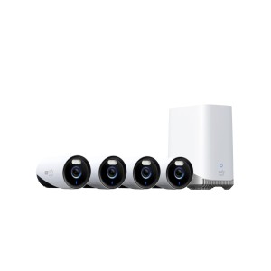 Eufy Überwachungskamera E330 4er-Set mit HomeBase S380, weiße Kameras und Basisstation.