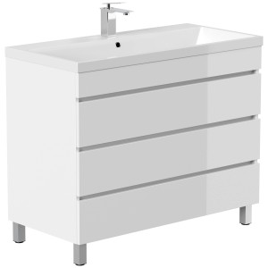 Posseik Fellini Badmöbel-Set, 100 cm, Weiß Hochglanz mit 3 Schubladen und Waschbecken.