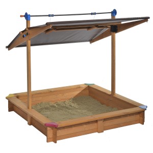 Gaspo Sandkasten Mickey II mit Dachlift, 140x140 cm, aus Holz mit farbigen Ecken.