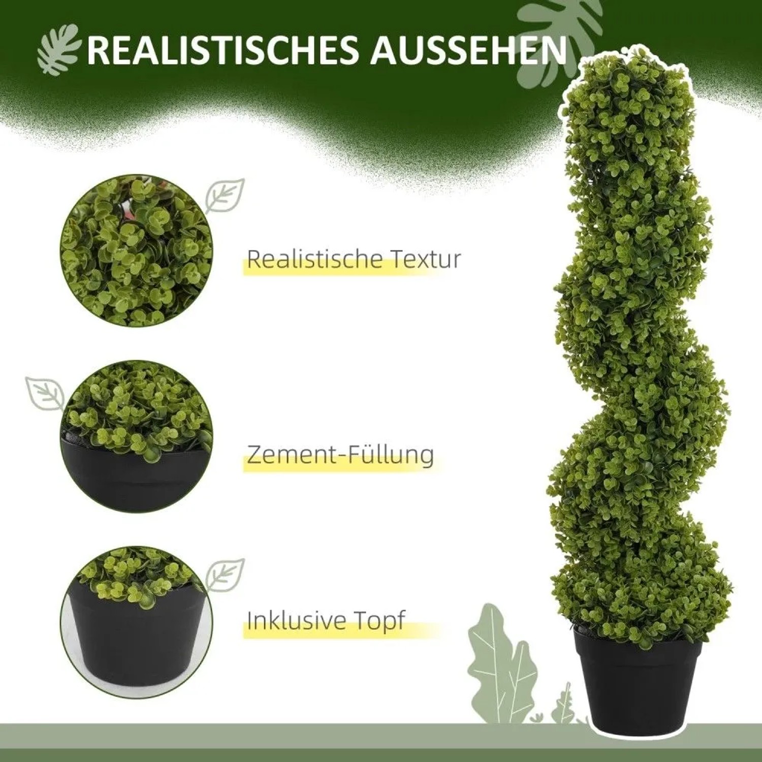 HOMCOM Kunstpflanze: realistischer, spiralförmiger Buchsbaum im schwarzen Topf, 90 cm hoch, UV-beständig.
