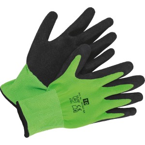 Grüne Gartenhandschuhe mit Latex-Teilbeschichtung, Größe 7, für Gartenarbeiten.