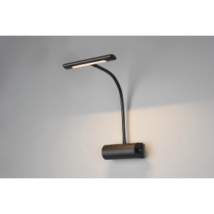 Schwarze, matte Trio LED-Wandleuchte Curtis mit flexiblem Arm und warmweißem Licht.