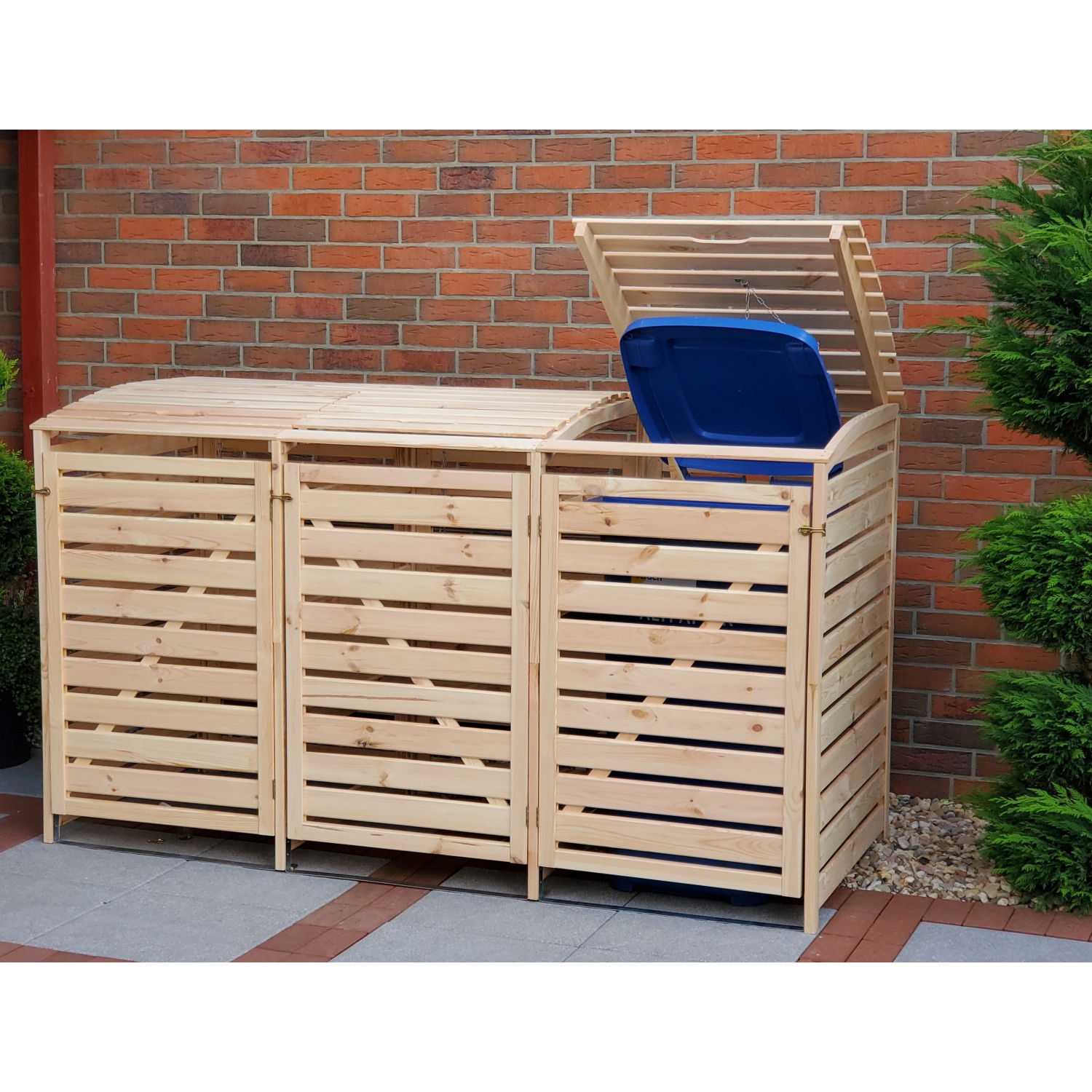 Mülltonnenbox Vario III für 3 Tonnen aus Kiefernholz, naturbelassen. Mülltonnenverkleidung für drei Tonnen.