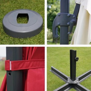 Details des MCW Ampelschirm A96 3x3m: Ständerfuß, Kurbel, Fixierung und Gestell.