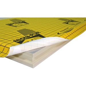 Bachl tecta-PUR 023 Vollflächendämmung, 160mm dick, mit gelber Unterdeckbahn und Nut-Feder Verbindung.