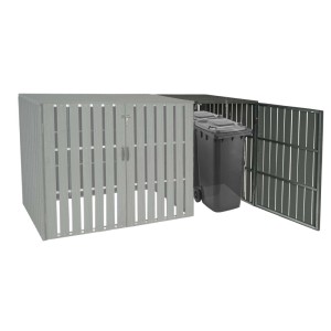 MCW Mülltonnenbox Erweiterung J28 grau, 115x76x100cm, mit Mülltonne und geöffneter Tür.