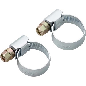 Zwei Schlauchklemmen (Ø 12-20 mm) aus Metall zur Befestigung von Schläuchen.