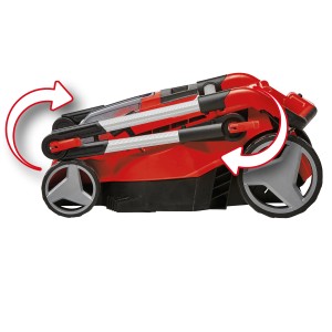 Zusammengeklappter Einhell Akku-Rasenmäher GE-CM 36/37 Li Solo für platzsparende Lagerung.