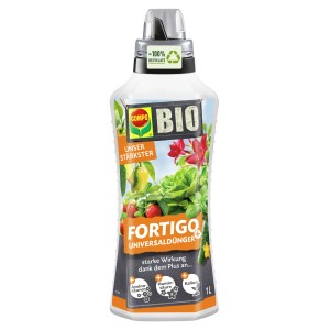 Flasche Compo Bio Universaldünger Fortigo 1 l für gesundes Pflanzenwachstum.