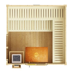 Grundriss Weka Design-Saunahaus Kuopio 1 mit Saunaofen, Liegen und Technikpaket.