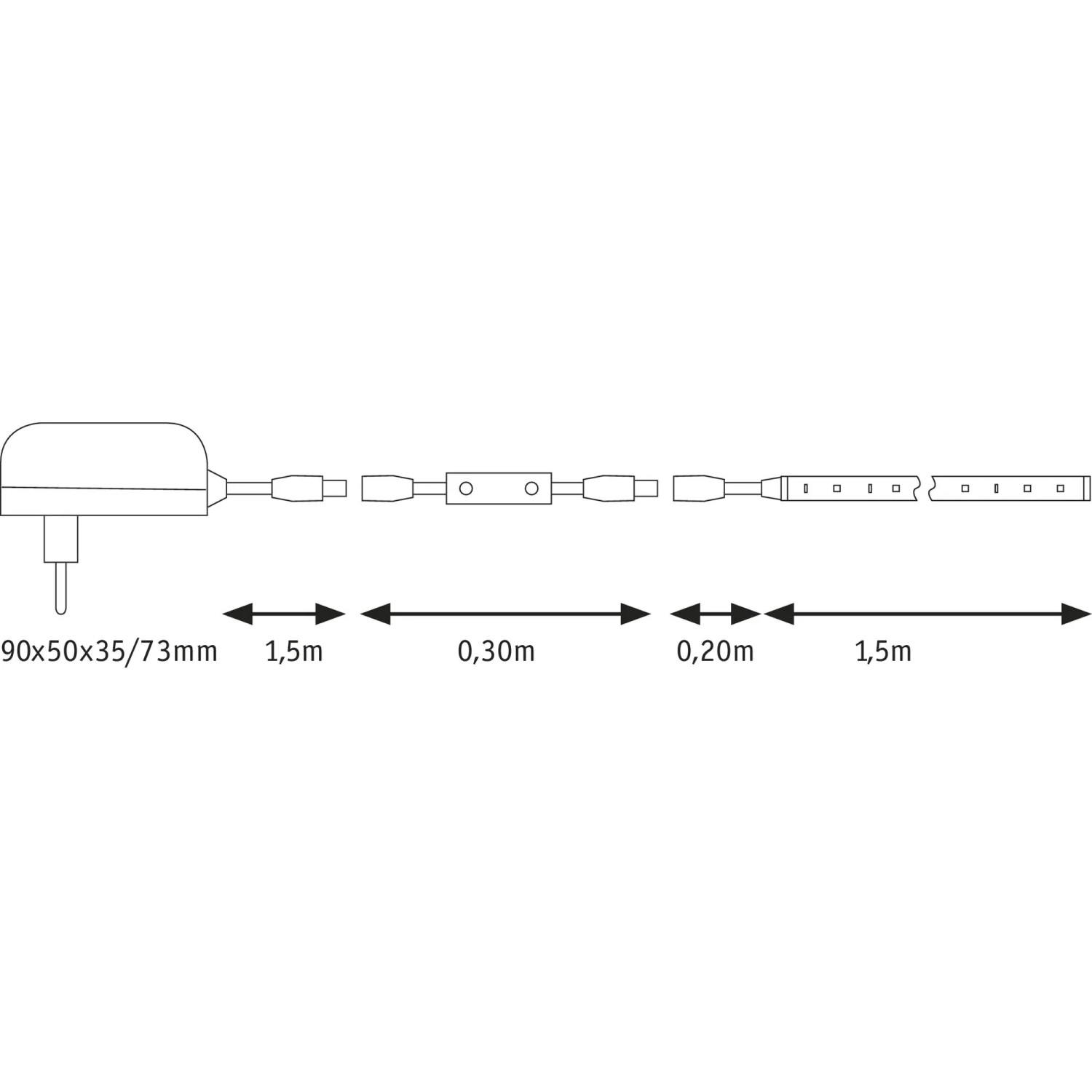 Paulmann LED-Power Strip Set 1,5m, Neutralweiß, Schemazeichnung mit Maßen.