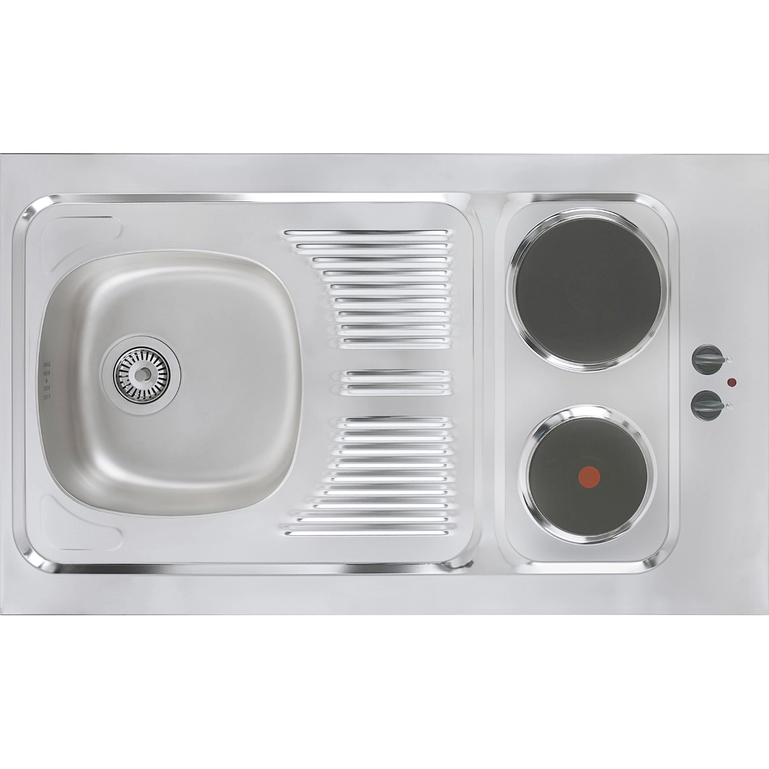 Respekta Miniküche: Spüle mit Abtropffläche und integriertem Duokochfeld.