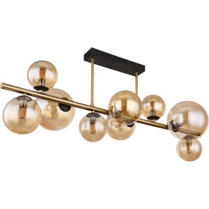 Moderne, 9-flammige LED-Deckenleuchte Riha in Schwarz matt mit amberfarbenen Glaskugeln.