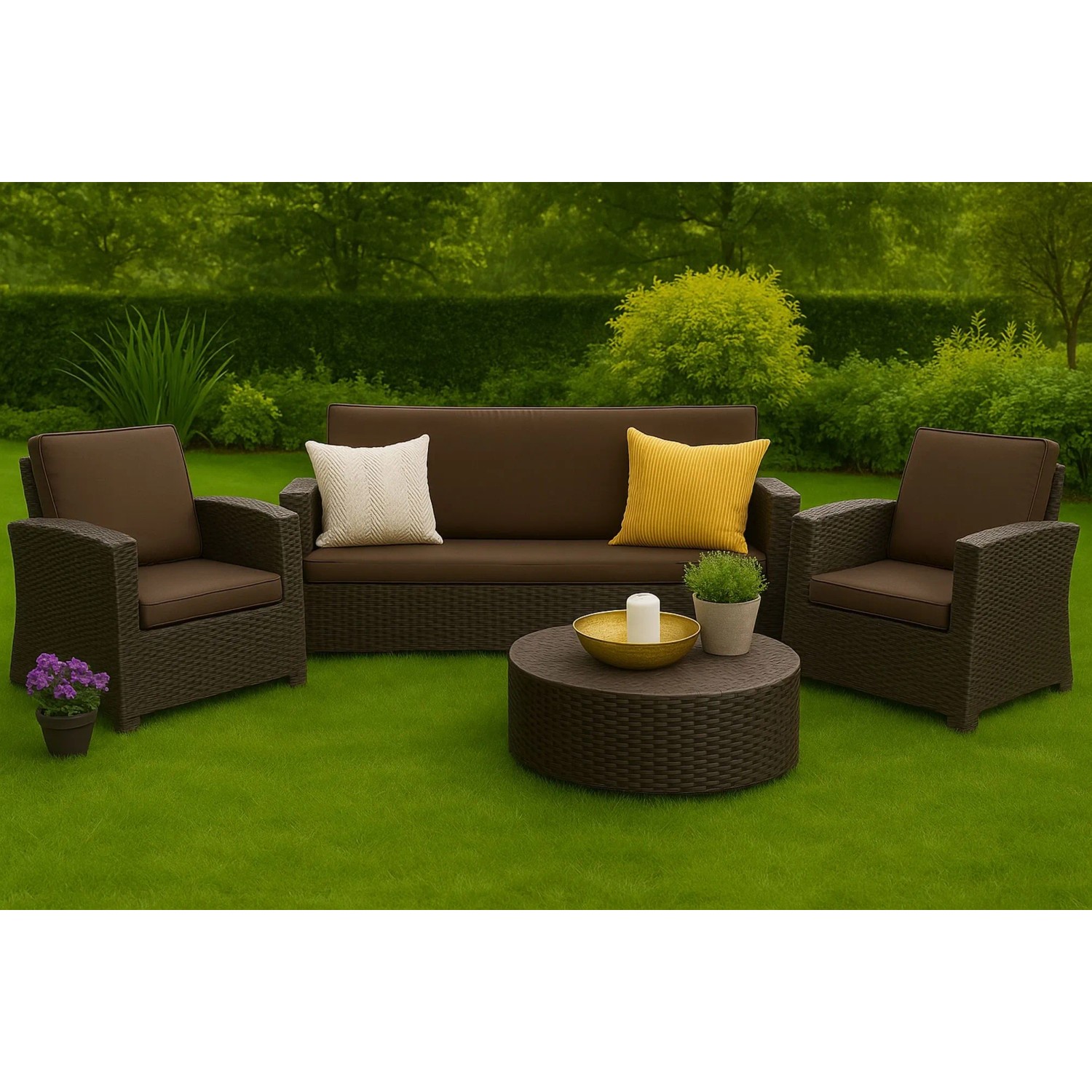 Braunes 3-Sitzer Gartensofa mit Kissen und Sesseln aus Polyrattan. Gemütliche Lounge-Atmosphäre für Garten, Terrasse oder Balkon.