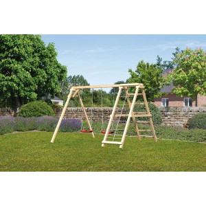 Karibu Doppelschaukel Felix mit Klettergerüst und rotem Schaukelsitz im Garten.