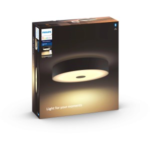 Verpackung der Philips Hue White Ambiance LED-Deckenleuchte Fair in Schwarz mit Dimmschalter.
