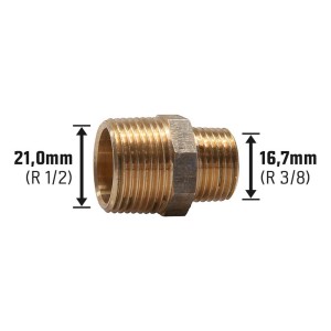 Gewinde-Reduziernippel aus Rotguss, 16,7 mm (R 3/8) x 21 mm (R 1/2) für Gewindefittings.