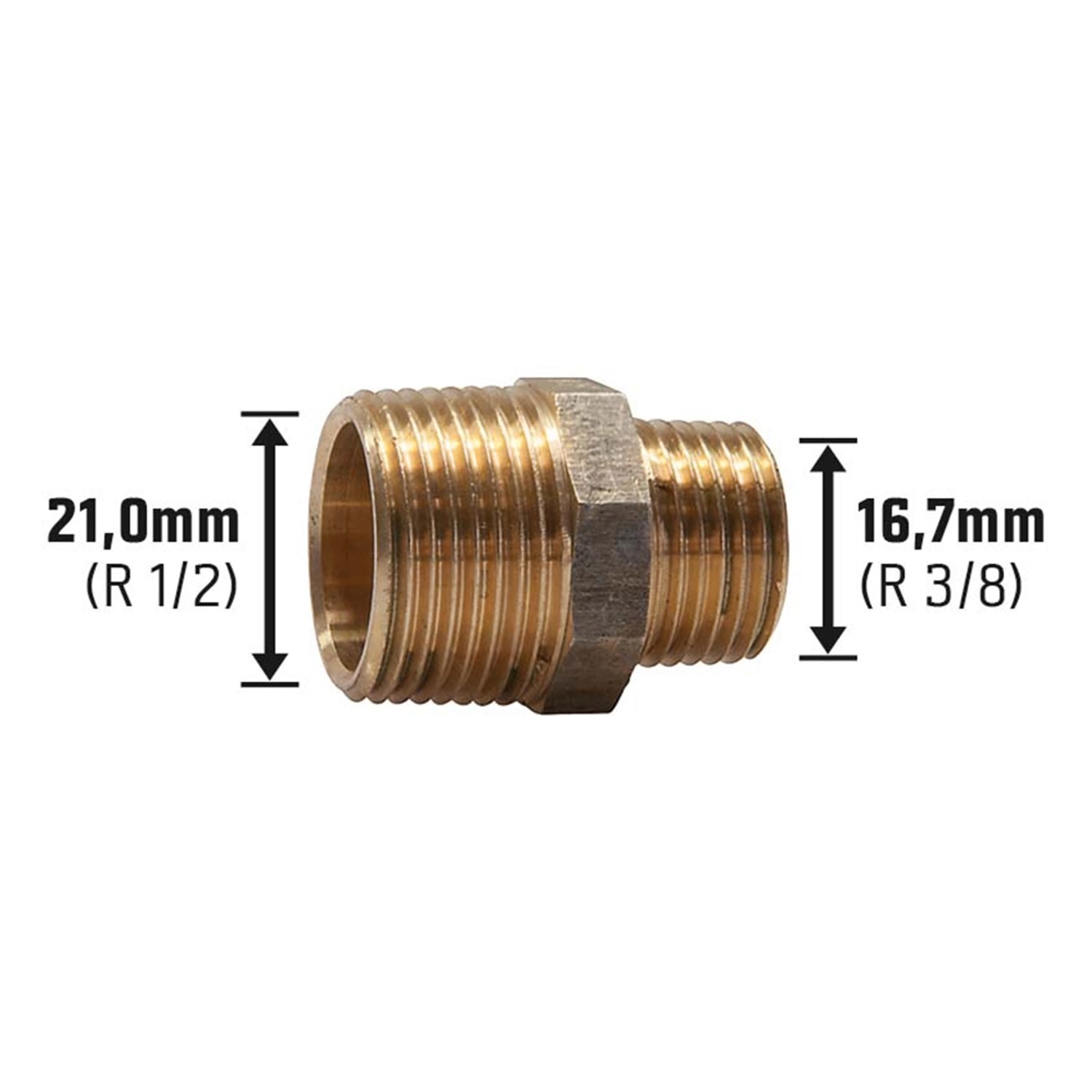Gewinde-Reduziernippel aus Rotguss, 16,7 mm (R 3/8) x 21 mm (R 1/2) für Gewindefittings.