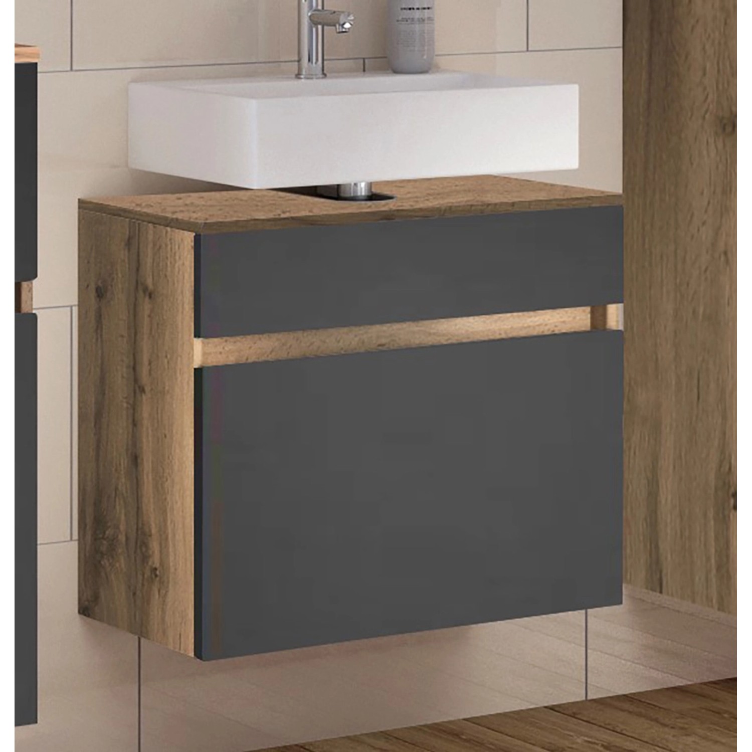 Held Möbel Waschbeckenunterschrank Bari, 60 cm, matt Grau und Wotaneiche Dekor.