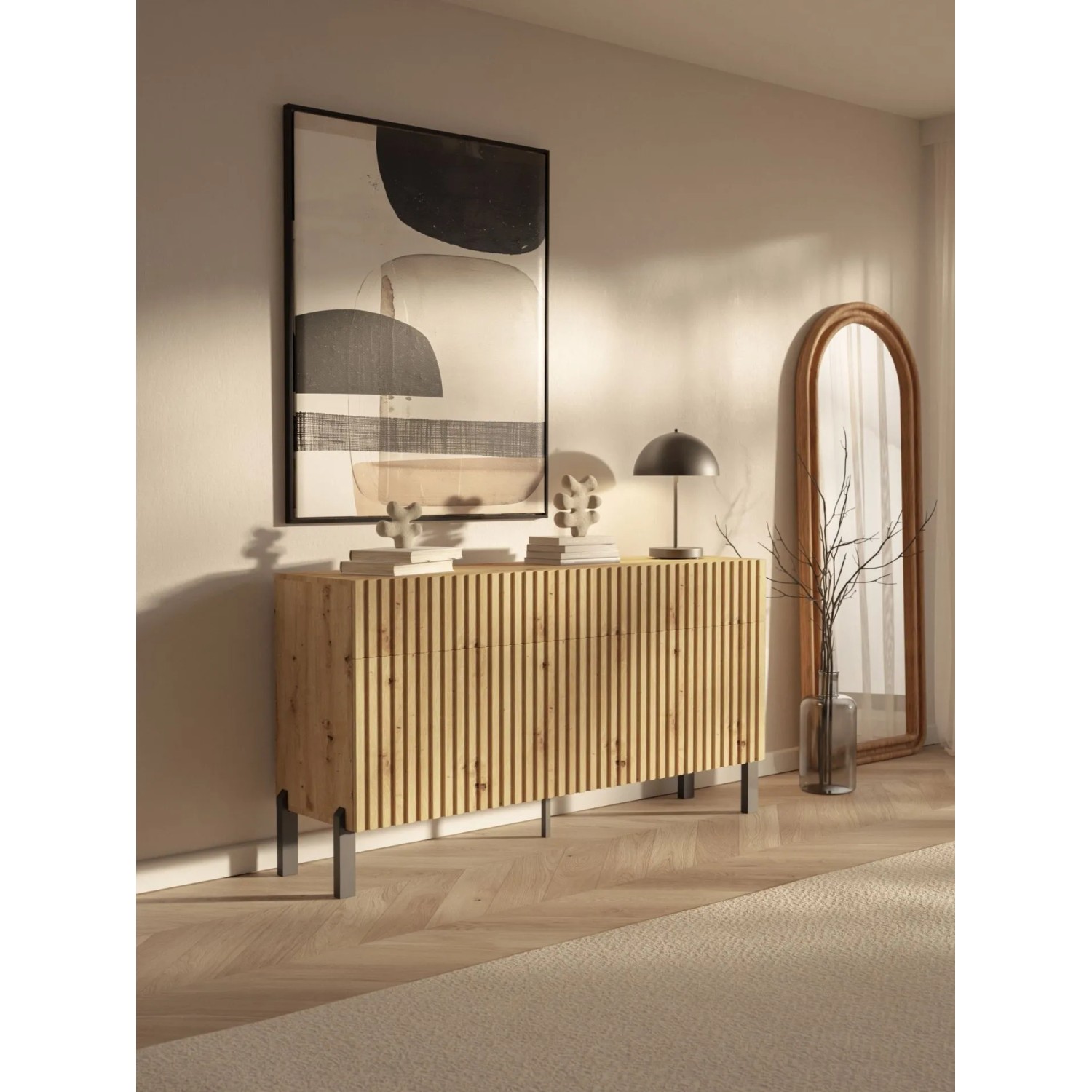 Selsey Sideboard Telire 154 cm mit Lamellenfront in Artisan Eiche, auf schwarzen Metallfüßen, skandinavisches Design.